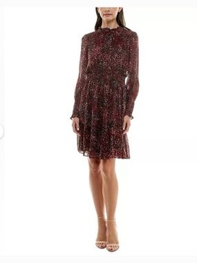 TAYLOR Black Maroon Print Long Sleeve Chiffon Smocked Waist Mini Dress